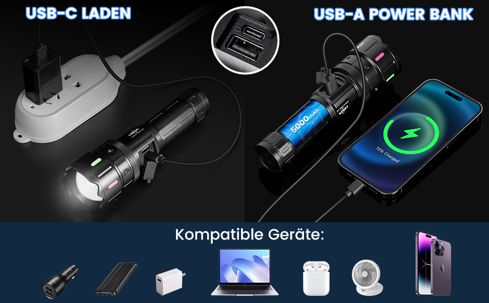 LED ліхтар Lekia 500000 Люмен, перезаряджуваний USB-C, 5 режимів, Zoom, водонепроникний, 5000mAh, для кемпінгу та надзвичайних ситуацій