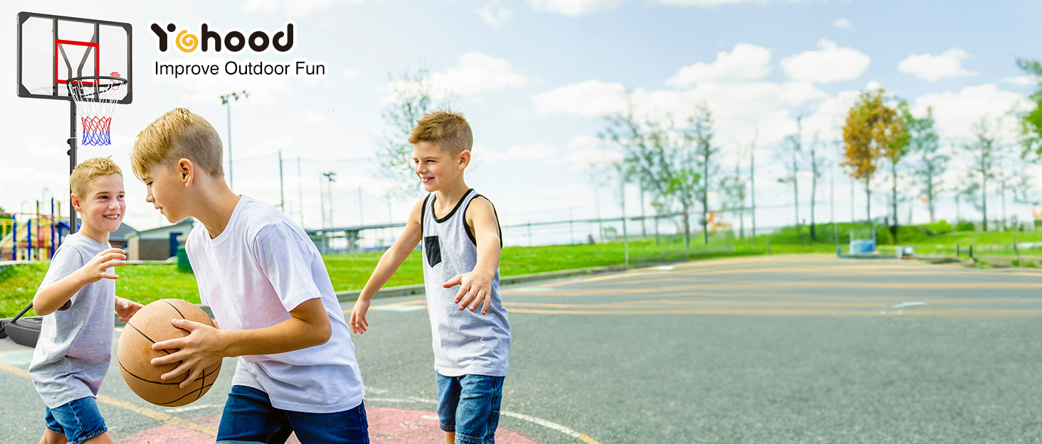 Баскетбольний кошик вуличний дитячий/підлітковий на колесах, регульована висота 147-260 см, з полікарбонатною щитом 82x53 см та розширеною основою, чорно-червоний