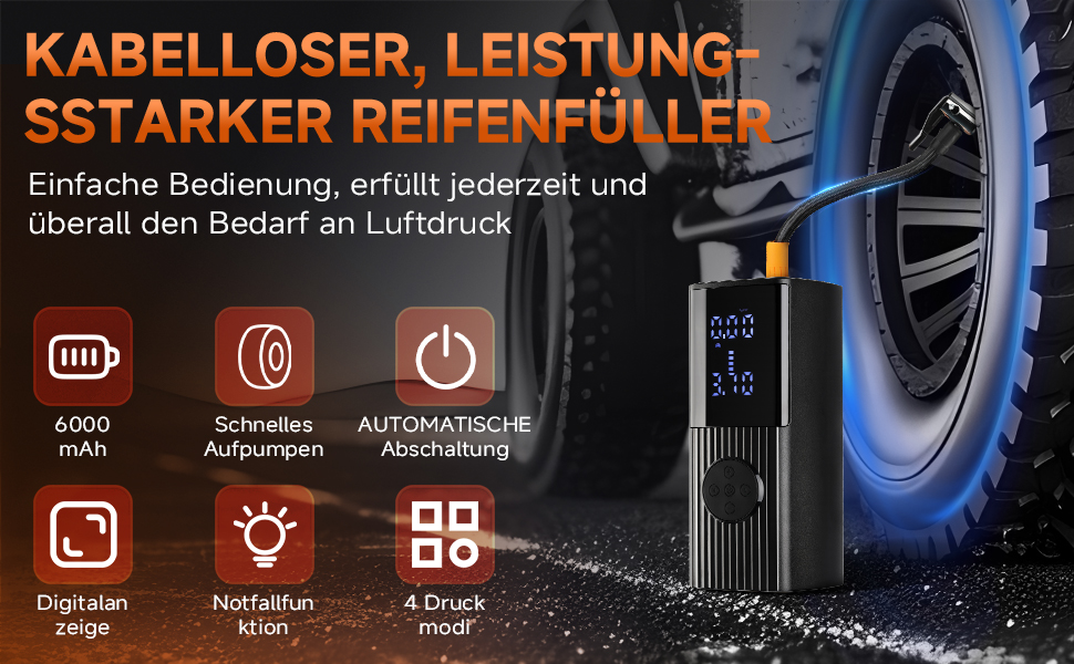 Портативний електричний компресор GEAREVER 6000mAh, 150 PSI, 12V, з LED-ліхтарем та USB Powerbank для авто, велосипедів, мотоциклів і м'ячів