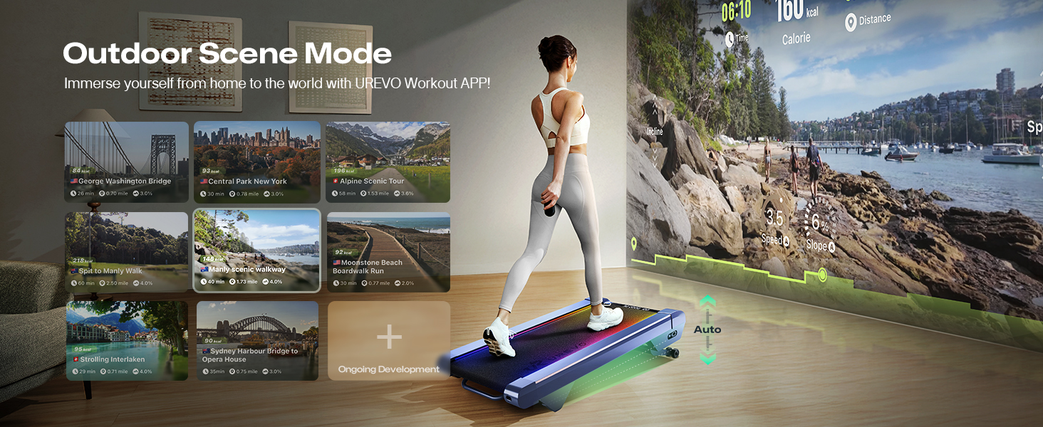 Бігова доріжка UREVO Smart Walking Pad з нахилом 14% для дому, підстільна, розширена бігова поверхня, LED-пульт, тиха безщіткова, швидкісне підсвічування, синій колір