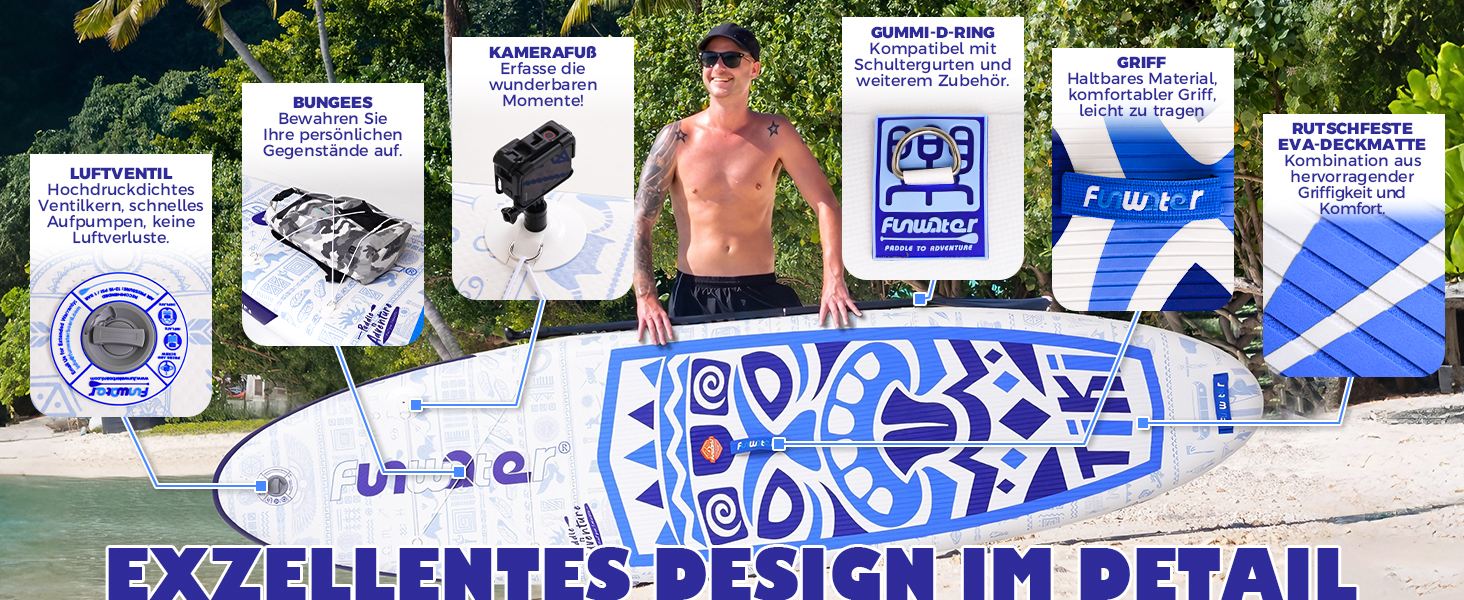 Надувний SUP Борд FunWater 10'6'–11'6' для всіх рівнів підготовки, з антиковзким EVA-деком, веслом, насосом та аксесуарами. Колір: блакитний/білий