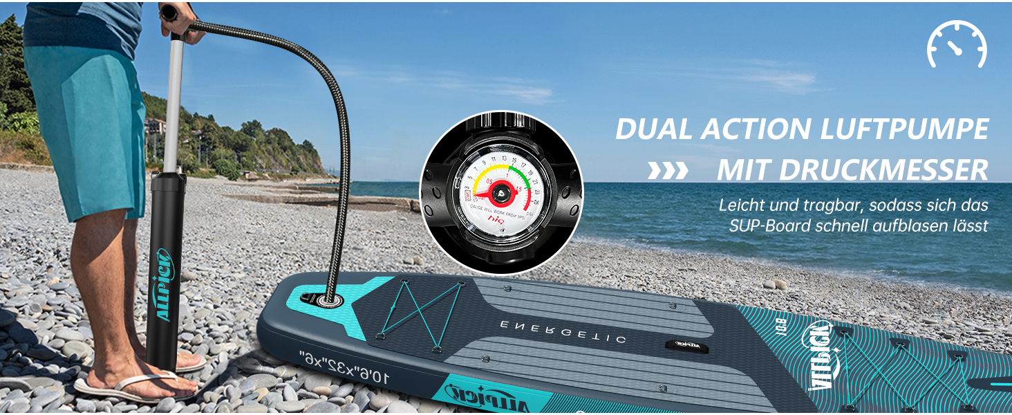 Надувний SUP Борд ALLPICK Premium: Комплект для SUP-бордингу з аксесуарами, тримачем для камери, регульованим веслом, 180 кг, преміум-зелений