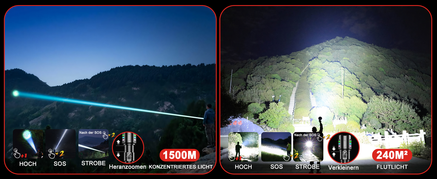 Ліхтарик WOWNIGHT LED акумуляторний, тактичний, 5 режимів, регулювання яскравості, для кемпінгу та надзвичайних ситуацій, чорний