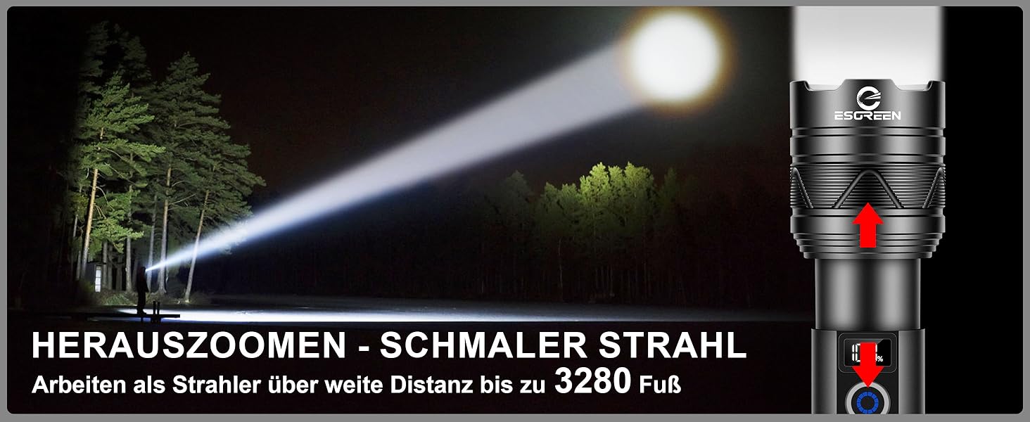 ESGREEN Тактичний ліхтарик LED 1000000 люменів, USB-C, Zoom, 5 режимів, для кемпінгу та безпеки, 32 Вт·год
