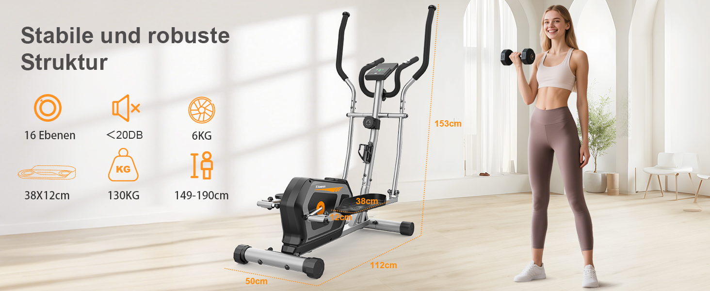 Еліптичний тренажер Neezee для дому з Bluetooth, 16 рівнів опору, 6 кг маховика, LCD-монітором, датчиком пульсу, тримачем для пляшок (Помаранчевий + Срібний)