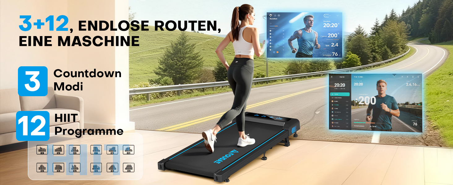 Walking Pad Laufband для дому 4-в-1: біговий стіл з підйомністю 9%, безщітковий двигун 2.5HP, LED-дисплей, пульт дистанційного керування, 12 HIIT-програм, до 150 кг, без встановлення, чорно-синій, з режимом повноекранного відображення