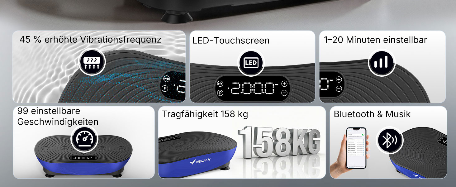 Вібраційна платформа MERACH для тренувань та формування тіла, 99 рівнів швидкості, Bluetooth-динамік, LED-сенсорний екран, еластичні шнури (блакитна)