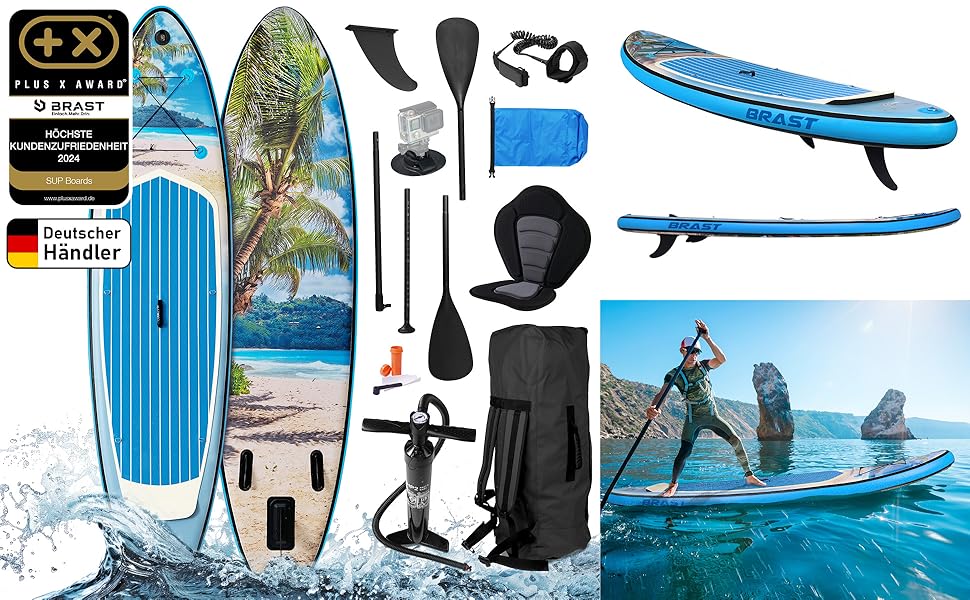 Надувний SUP-борд BRAST Tropic | Комплект для станд-ап паддлбордингу | 320x81x15 см | 6 дизайнів | 5 років гарантії | з аксесуарами | 2-в-1: SUP та каяк | тримач для Action Cam, ланцюг для ніг, насос, рюкзак (для пляжу)