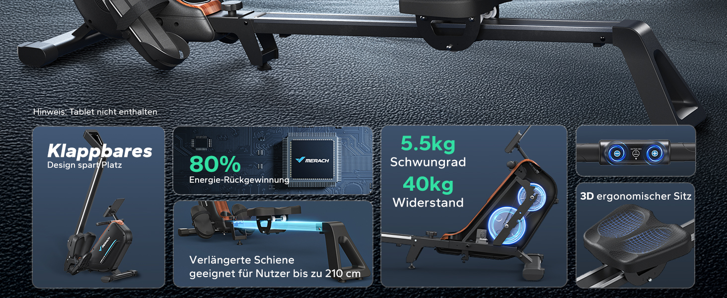 Гребний тренажер MERACH для дому, складаний, магнітний, тихий, з додатком, подовжені направляючі, електричне налаштування (самостійно)