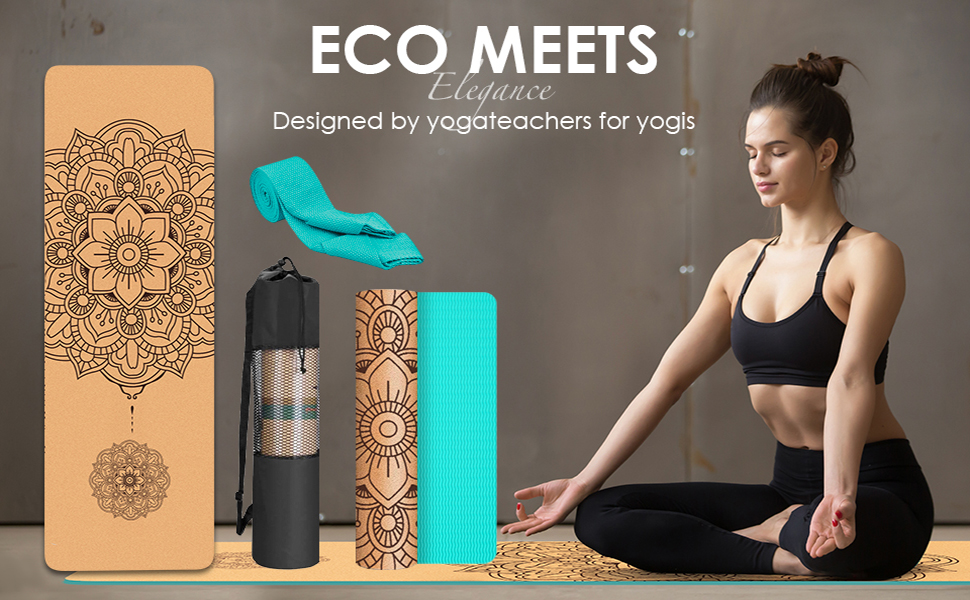 Килимок для йоги з корку – антиковзаючий, з унікальним дизайном мандали, з натурального каучуку TPE, для дому, фітнесу, пілатесу, аеробіки, з сумкою та ремінцем, блакитний