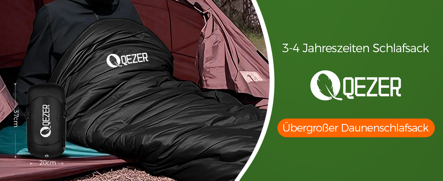 Спальний мішок XXL з пуху 3-4 сезони, 230x100 см, чорний. Підходить для дорослих, кемпінгу, походів та рюкзаків. Легкий та теплий