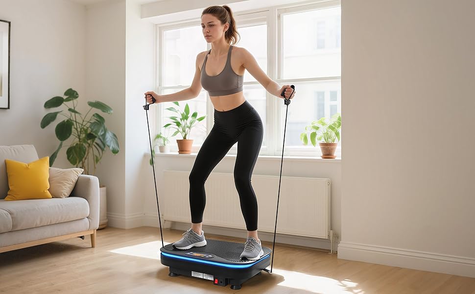 Платформа для вібраційного тренування SPORTNOW з 99 рівнями інтенсивності, Bluetooth, світлодіоди та стрічки опору. Підходить для всього тіла та нарощування м'язів.