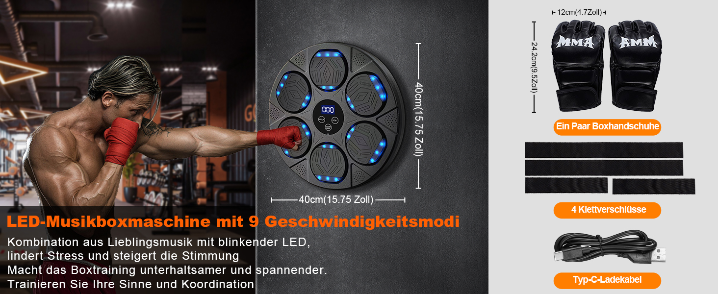 Музична боксерська машина Swetfela з рукавичками, 9 режимів швидкості, Bluetooth, LED, для дорослих та дітей