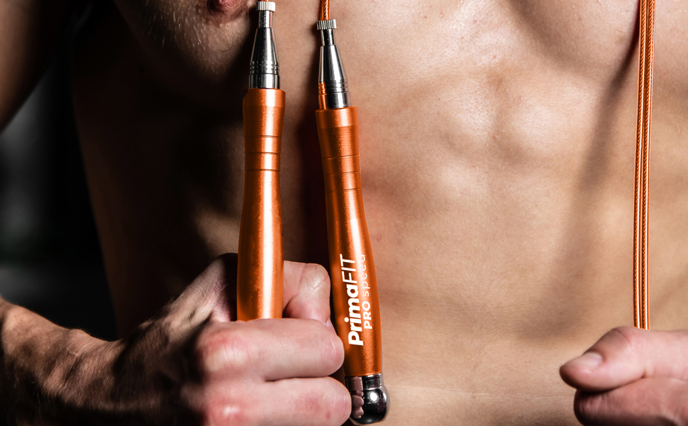 PrimaFIT Стрибкове канат для фітнесу та боксу: 3м, регульований, з вагами, 2 підшипники, антиковзні ручки, для MMA, Crossfit, та фітнесу (Помаранчевий)