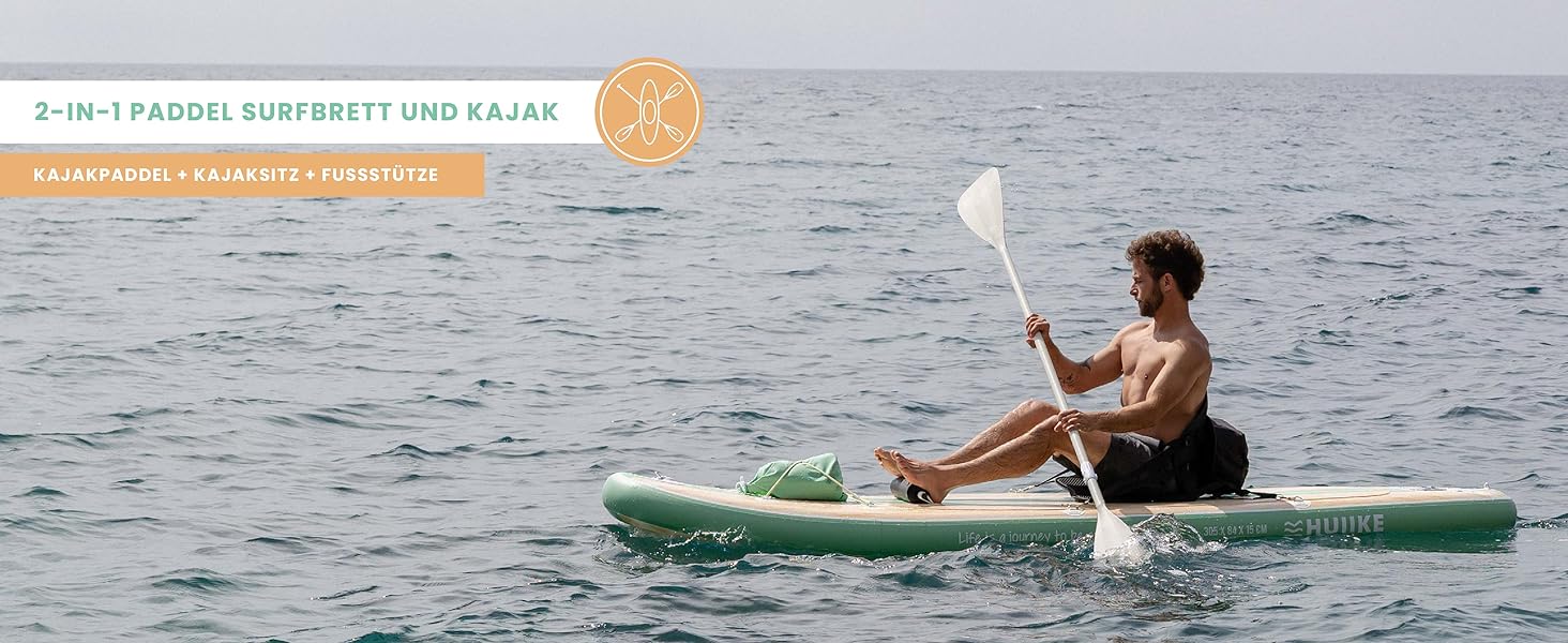 Надувний SUP-борд HUIIKE Stand Up Paddle Board з аксесуарами: весло, фіни, насос. Стабільний та міцний, 305 × 84 × 15 см, до 130 кг (Paulownia Mint - Full Pack)