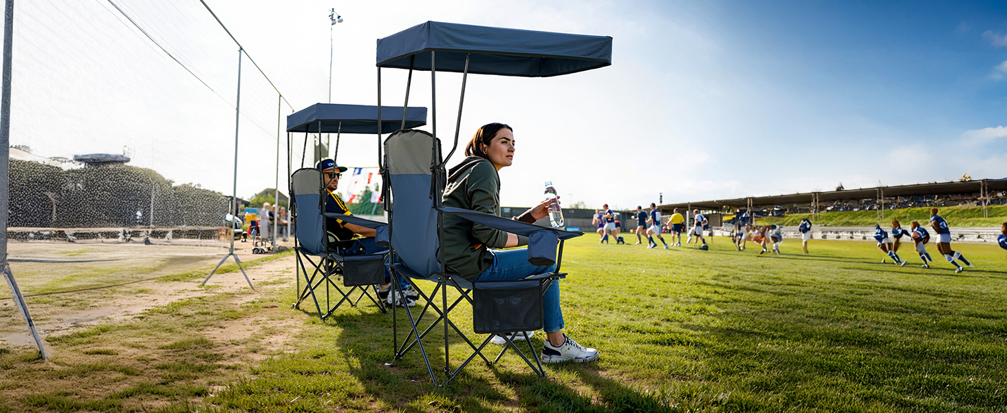 Крісло для кемпінгу OVERMONT складне з сонцезахисним дахом - пляжне крісло, складне з тримачем для напоїв та сумкою-холодильником - шезлонг з дахом для відпочинку на природі, риболовлі, саду (Blaugrau)
