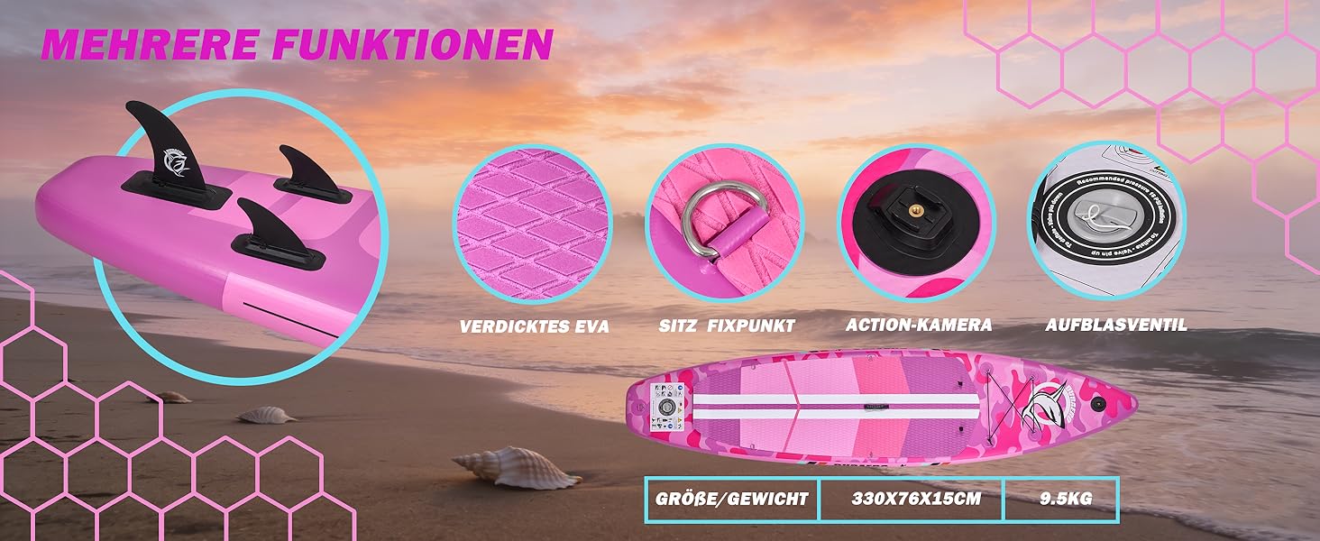 Надувний SUP (Stand Up Paddle Board) з кріпленням для камери, рожевий, 330x76x15 см, до 150 кг, з насосом та рюкзаком