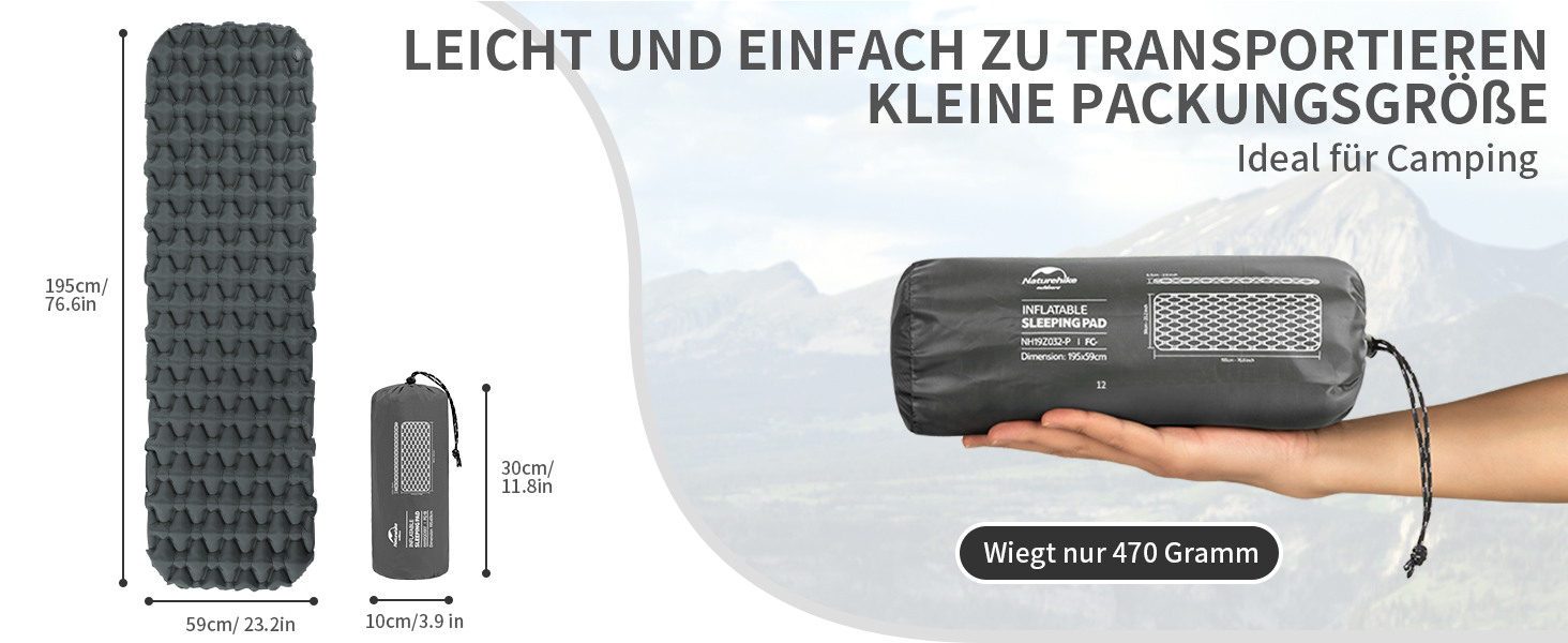 Naturehike Ultraleichte Isomatte: Надувний килимок для кемпінгу та подорожей, 6.5 см, сірий