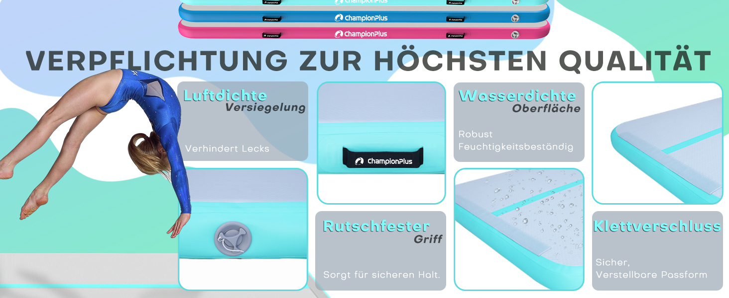 Гімнастичний надувний мат Track 5м з електричним насосом, для йоги, кемпінгу, фітнесу та спорту, двостороння м'ятно-зелена 300x100x10см