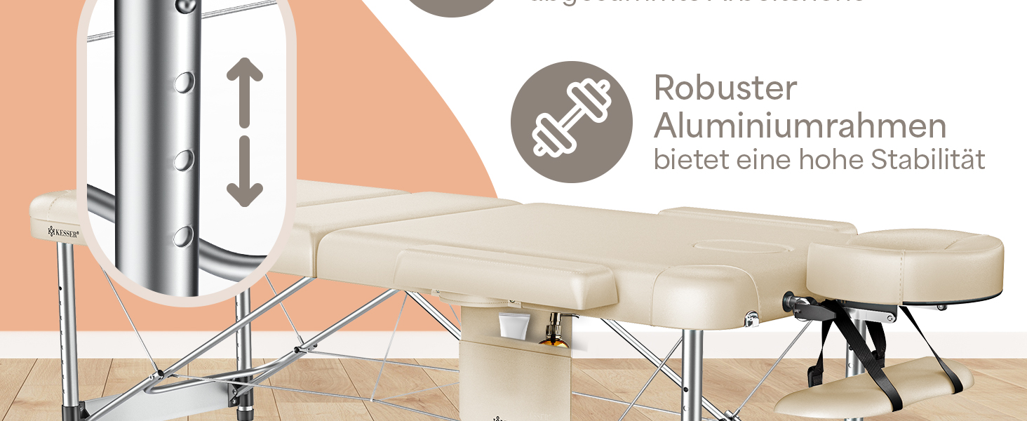 Масажне ліжко KESSER® з 3 зонами, до 250 кг, складне, регульоване, з аксесуарами (підголовник, підлокітники, сумка), антиковзне покриття, бежеве