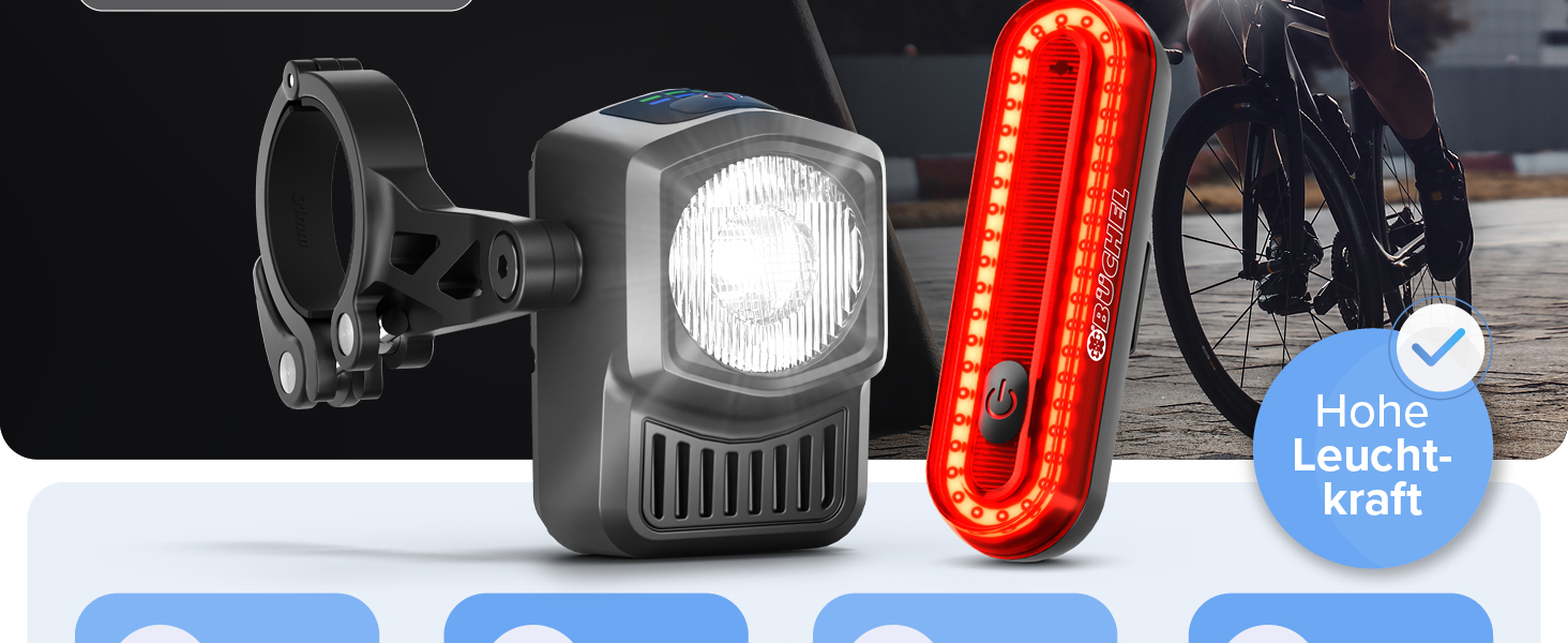 Набір велосипедних ліхтів BÜCHEL: LED, USB-C, 8 годин роботи, 4 режими, StVZO, монтаж без інструментів