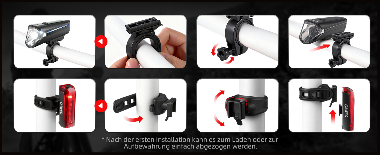 Набір переднього та заднього велоліхтаря з LED, StVZO, USB-C, водонепроникний, 100Lux + гальмівний індикатор, з батареєю