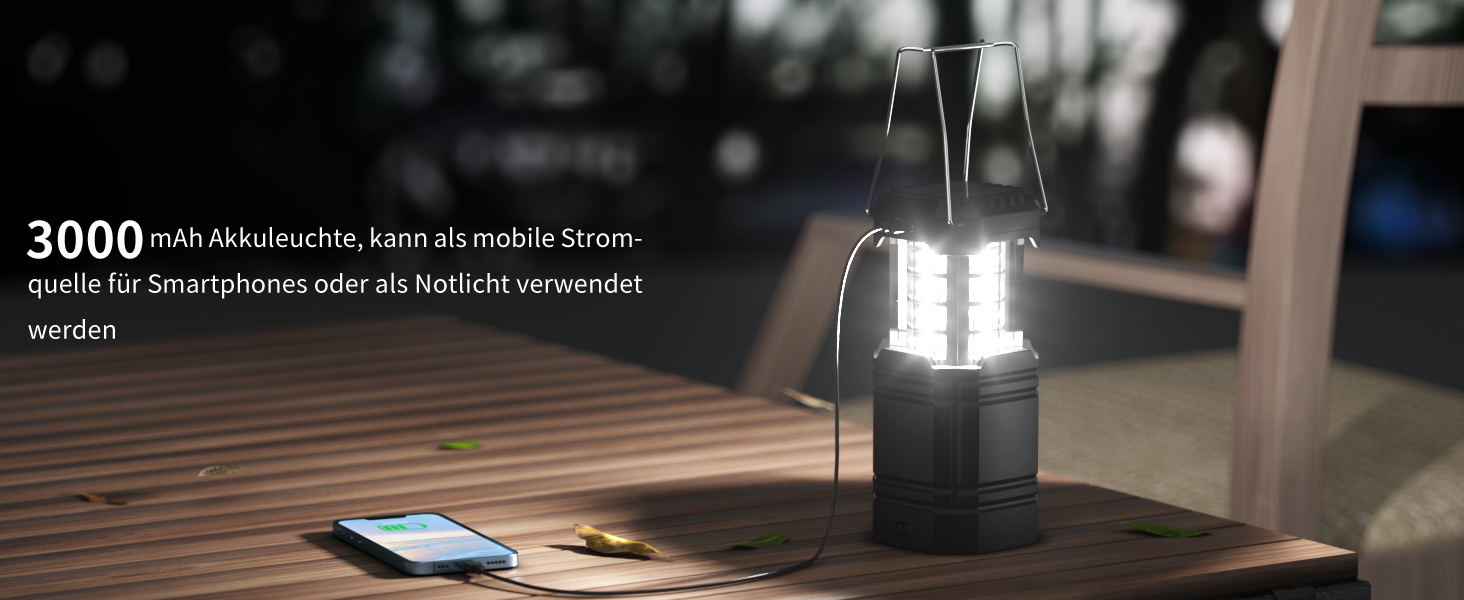 LED кемпінговий ліхтар на сонячній батареї, водонепроникний, з ручкою, акумулятор 3000mAh, для туризму, риболовлі, SOS, відключень світла (чорний)