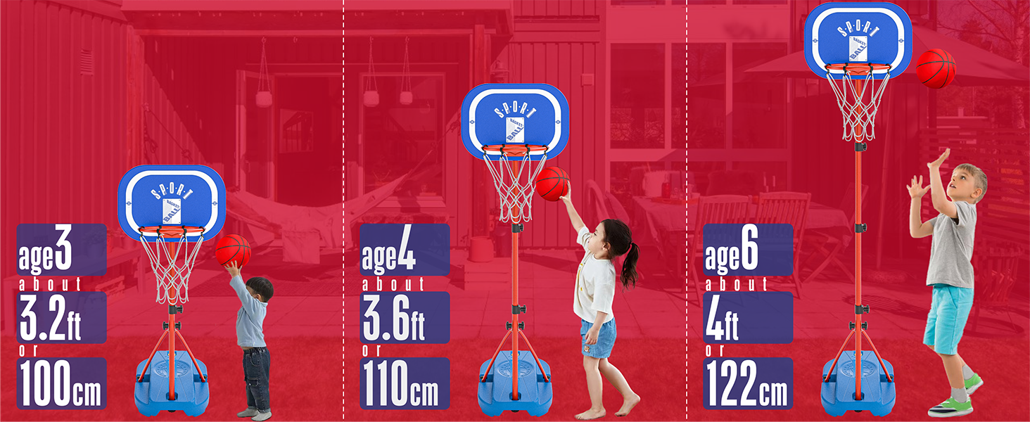 Баскетбольний кошик зі стійкою, набір, 110-190 см, регульована висота, ігровий набір для дітей (синьо-червоний)