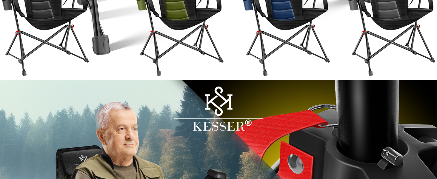 Крісло для кемпінгу KESSER® Schaukelstuhl: складне, з підсвічуванням та тримачем для напоїв, до 160 кг, Хакі/Чорний