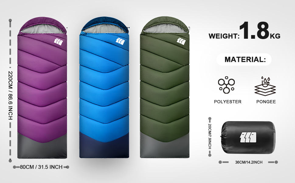 Спальний мішок для дорослих у холодну погоду, водонепроникний, легкий, для великих людей, з компресійним мішком, для кемпінгу, походів, відпочинку на природі та в приміщенні (1,8 кг, фіолетовий)