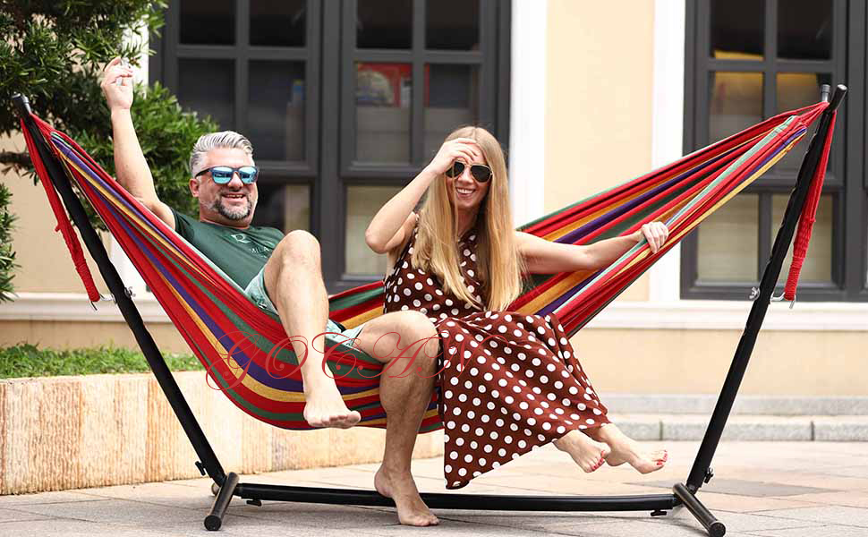 Гаммак GOCAN XXL для 2 осіб, 220x150 см, 330 см, 300 кг, бавовна, для відпочинку на вулиці та в приміщенні, сірий смугастий гамак