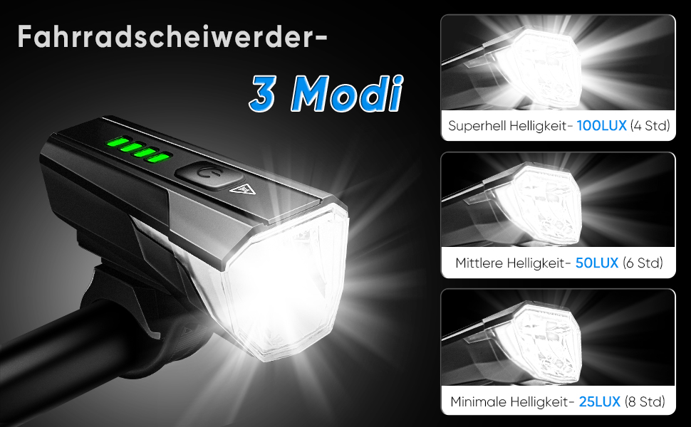 LED набір велосипедних фар 100 LUX, StVZO, USB заряджання, водонепроникний IPX4, передня та задня фара з індикатором заряду