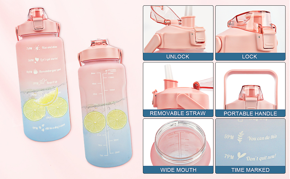 Спортивна пляшка для води MOMSIV 2L з трубочкою та відсіком для фруктів, з позначками часу, чорно-рожева, BPA Free