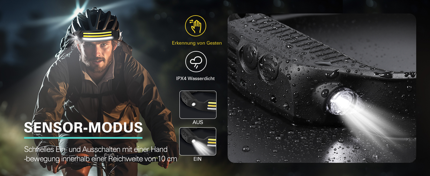 Налобний ліхтар Konqkin 2 шт. LED перезарядна головолампа з 10 режимами, IPX4, з датчиком та червоним світлом для кемпінгу, риболовлі та бігу, чорний