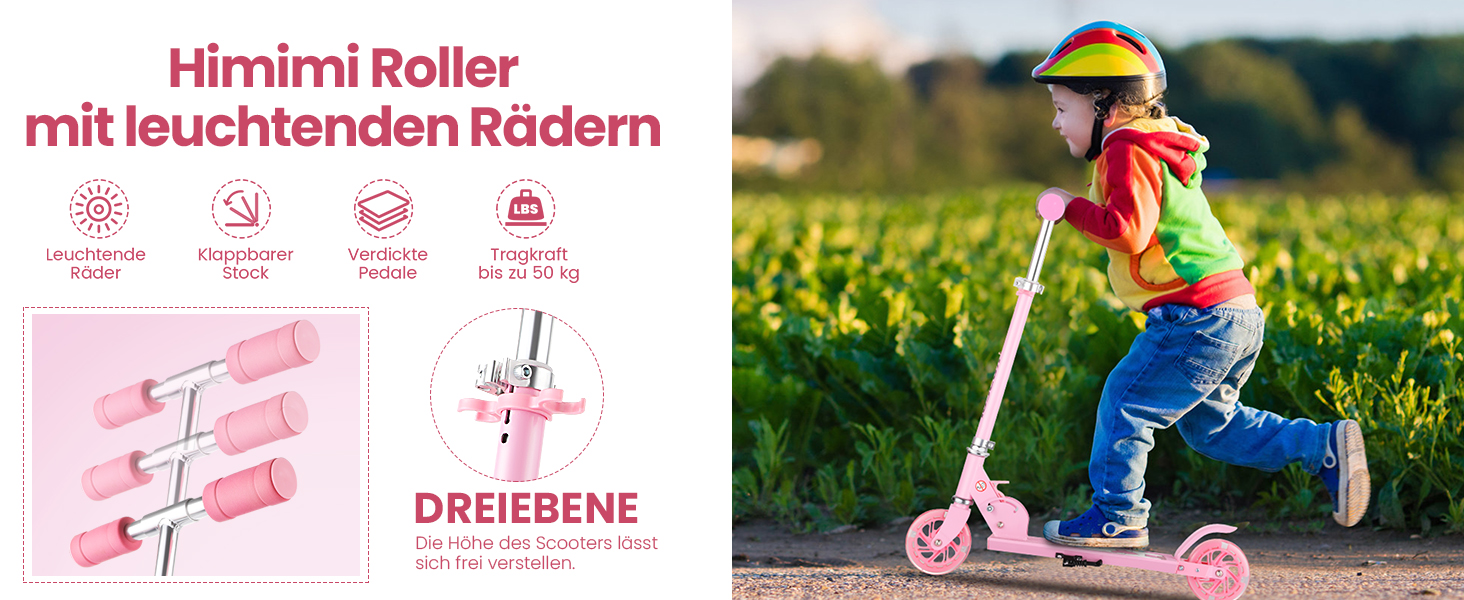 Самокат Kinderroller складний, алюмінієвий, рожевий, для хлопчиків та дівчаток 3-8 років, з поліуретановими колесами