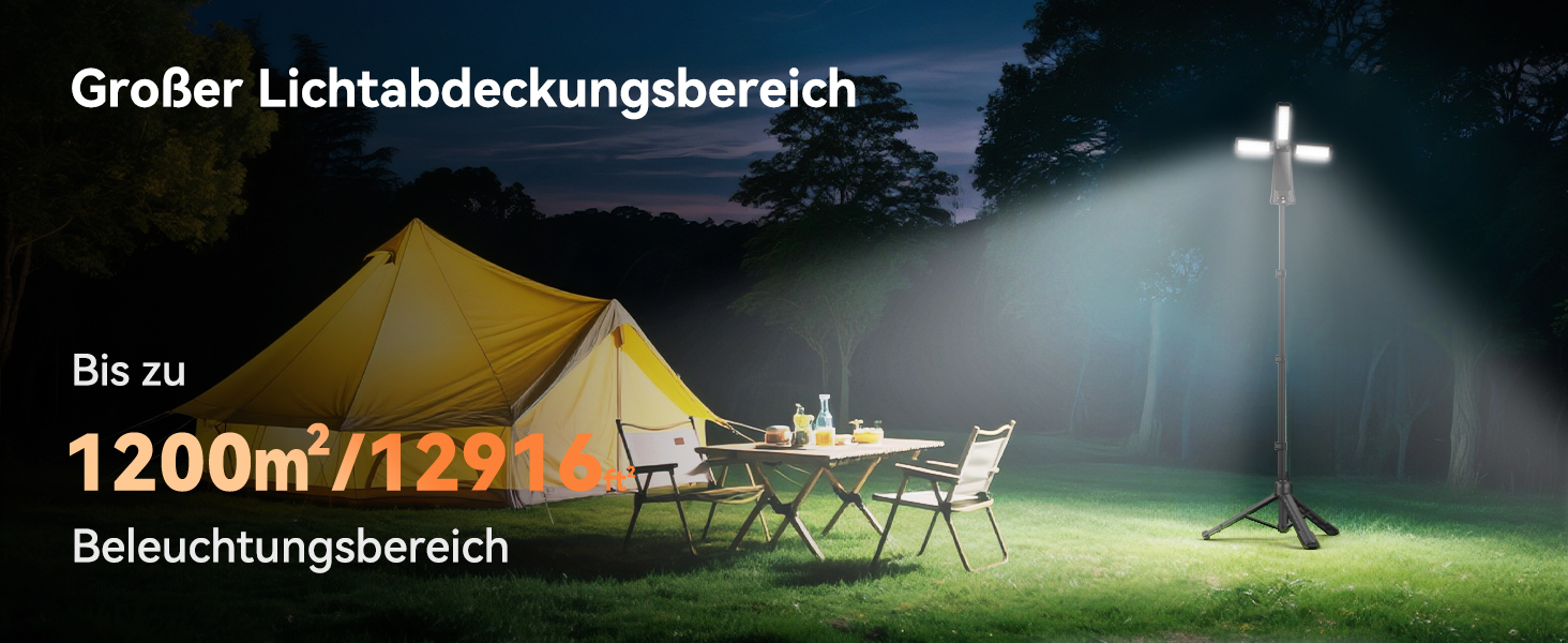 Портативна LED кемпінгова лампа на акумуляторі 15000mAh з телескопічним штативом, 5500LM, IP65, вологостійка, для кемпінгу, подорожей, будівництва та надзвичайних ситуацій (чорна)