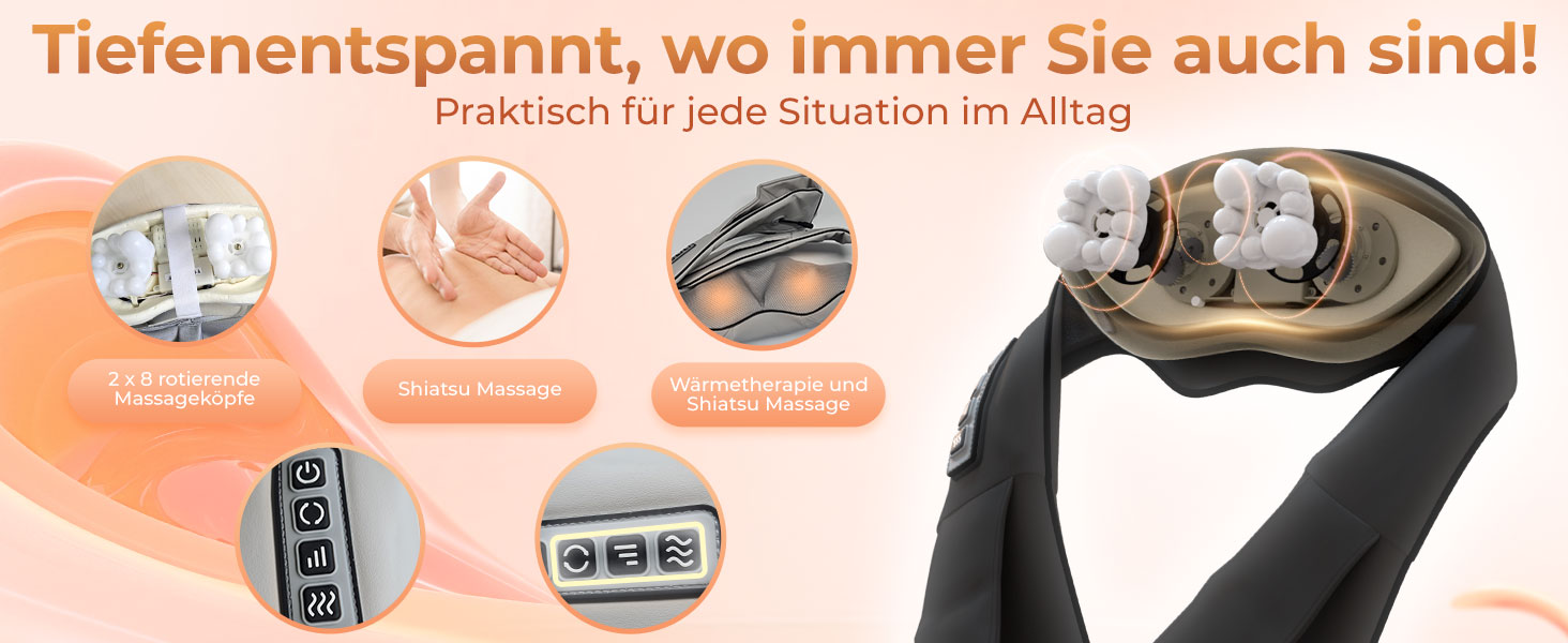 Масажер MASSAGEWERK Shiatsu для шиї та спини, електричний з функцією підігріву, чорний, для зняття м'язових болів та напруги, ергономічний