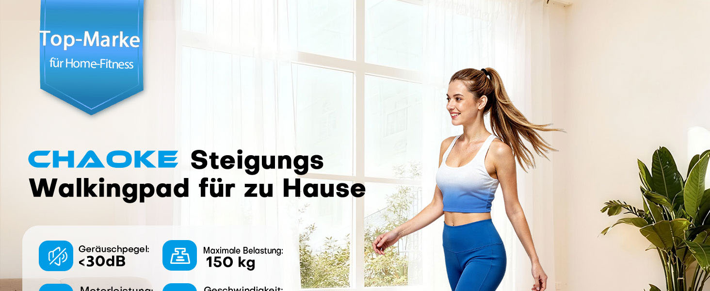 Ходунка CHAOKE з регулюванням нахилу 9%, біговий стіл для дому та офісу, потужний 2.75 PS мотор, до 150 кг, 12 HIIT-програм та пульт керування (чорний)