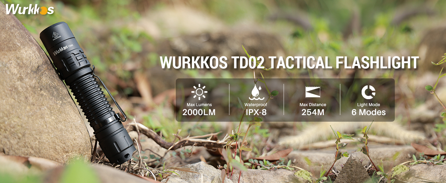 Wurkkos TD02 LED тактичний ліхтарик: 2000 люмен, USB-C зарядка, IP68 водонепроникність, 6 режимів, компактний для активностей на відкритому повітрі та в приміщенні