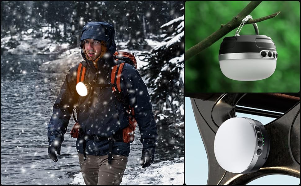 LED кемпінговий ліхтар на акумуляторі 10400mAh, RGB, регулювання яскравості, магнітний, з гачком, для кемпінгу, активного відпочинку, походу, намету, аварійного освітлення. Чорний