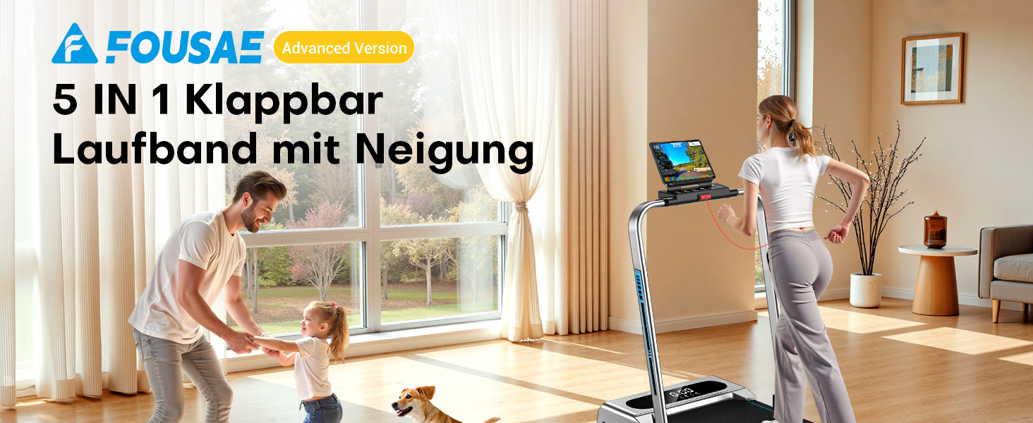 Біговий тренажер для дому 5-в-1, складаний, з регулюванням нахилу до 9%, потужність 2.75HP, LED-дисплей, сумісність з додатком, 12 програм, срібно-блакитний, 12 км/год