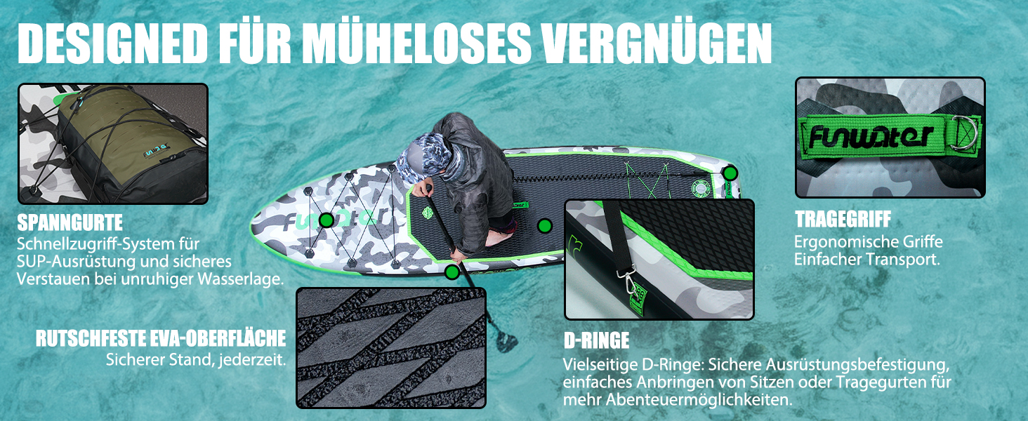 Надувний SUP Борд FunWater 10' Tarnserie: Комплект для веслування, з насосом, веслом та аксесуарами. Підходить для початківців та сімей