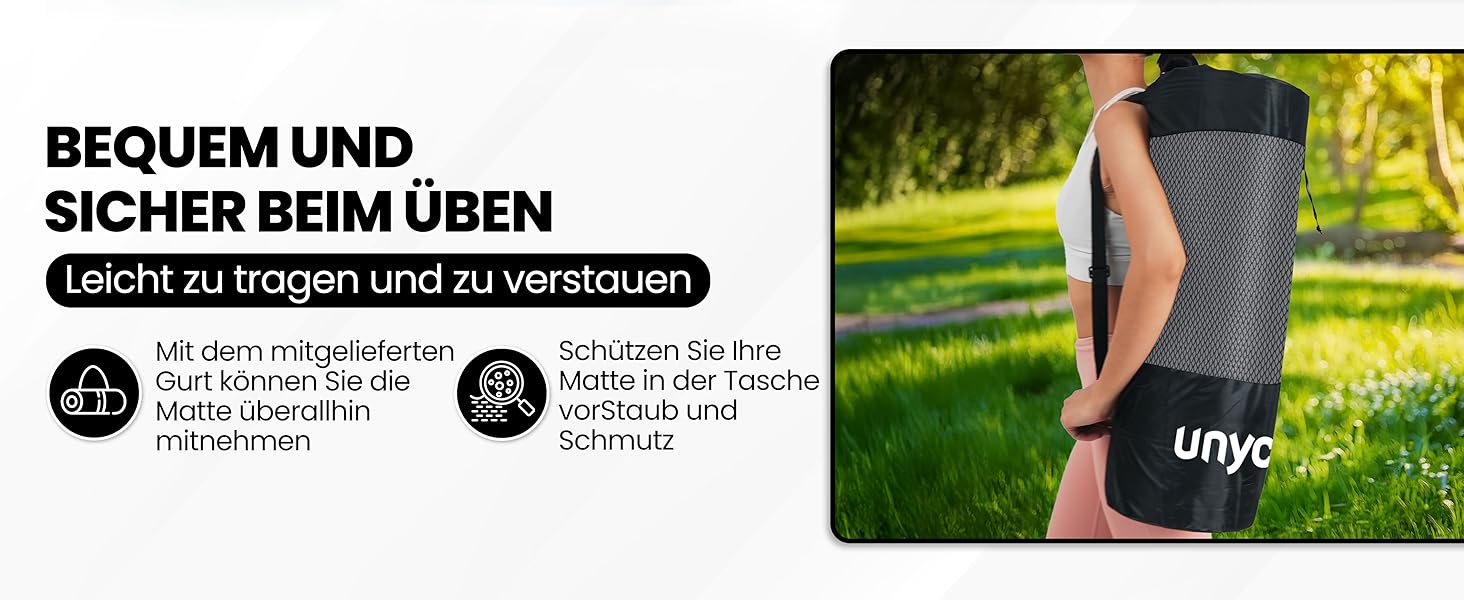 Йога мат Unycos: неслизька, високої щільності (6/10/15 мм) з ременем для перенесення. Підходить для пілатесу, фітнесу та гімнастики. Розмір: 183*60*1.5 см, колір сірий (#10). В комплекті E-Book