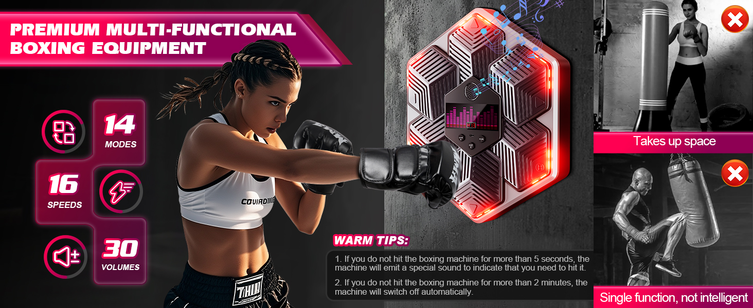 Музична боксерська машина для дорослих - 16 швидкостей, 14 режимів, Bluetooth, LED-підсвічування, з підрахунком ударів