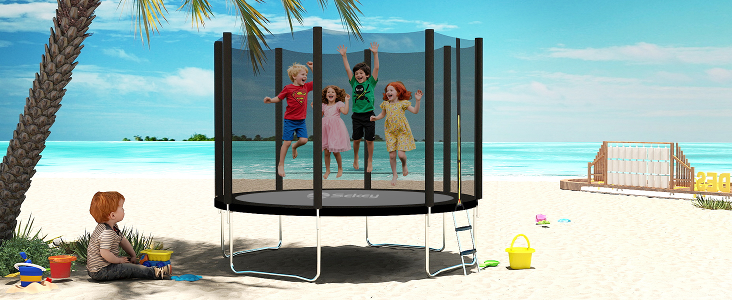 Трамплін Sekey Outdoor Ø 244/305/366 см - сертифікований TÜV Rheinland GS, дитячий, для саду з безпечним мотузковим драбиною, посиленим захисним сіткою та захисним бордюром (Чорний, 366 см/12 футів)