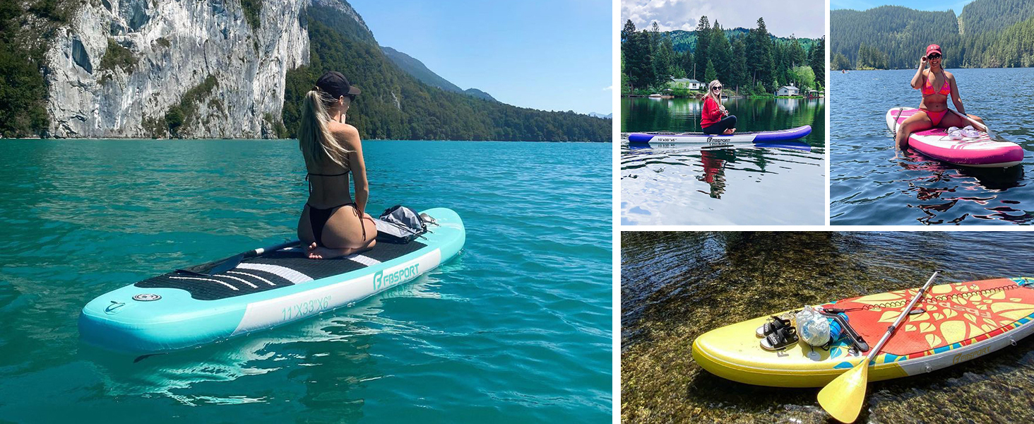 Надувне SUP Board FBSPORT для Stand-Up Paddling з регульованим алюмінієвим веслом та насосом, 15 см товщина, комплект FruitGreen