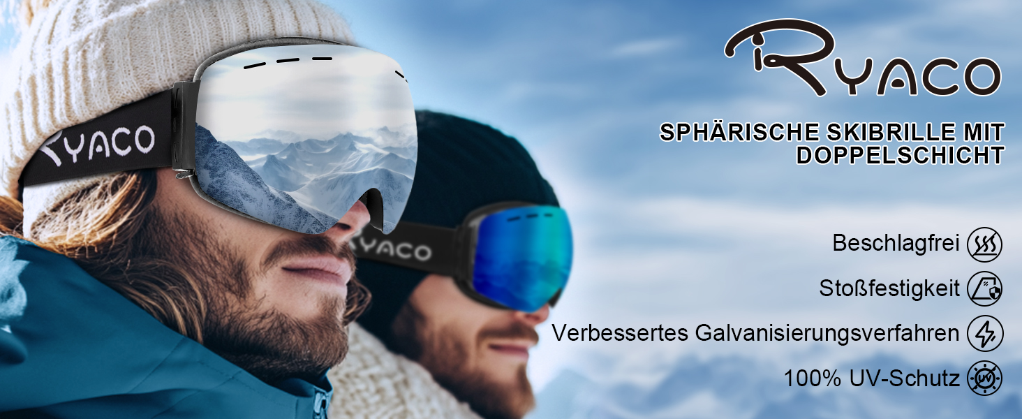 Снігові окуляри Ryaco для сноуборду та лиж, 100% UV-захист, антитуманне покриття, OTG, сферичні, для носіння з окулярами, ударостійкі, срібні