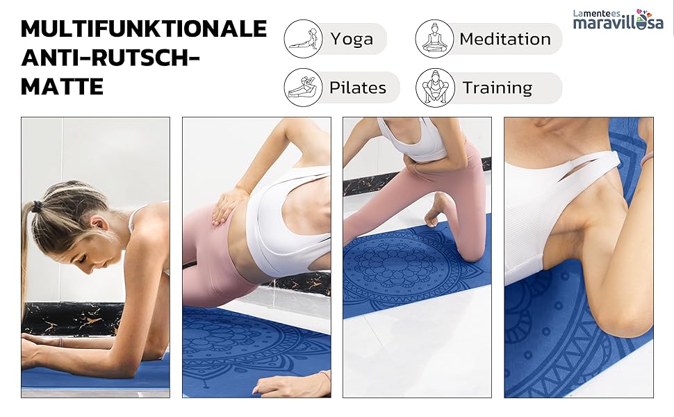 Килимок для гімнастики та йоги LA MENTE ES MARAVILLOSA з неслизькою поверхнею, сумкою та електронною книгою для занять фітнесом, пілатесом та воркаутом. Розмір 183x61 см, колір: блакитний мандала + блакитний