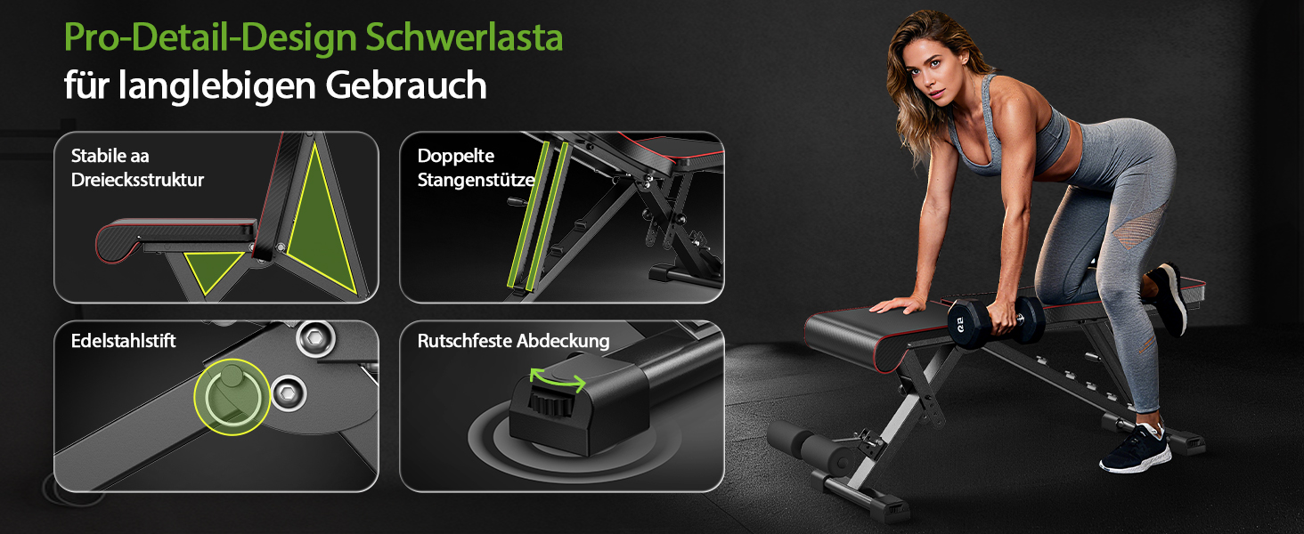 Регульована багатофункціональна лава для гантелей Dskeuzeew, складана фітнес-лава з еластичними стрічками та сумкою для зберігання, 7 положень нахилу спинки, максимальне навантаження 300 кг, чорна