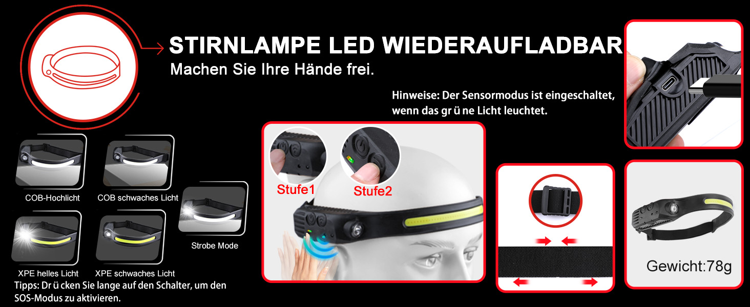 WOWNIGHT LED ліхтарик на акумуляторі 1000000 люмен, 2 режими, USB-C, тактичний, регулювання яскравості, налобний, для кемпінгу та надзвичайних ситуацій, чорний обсидіан